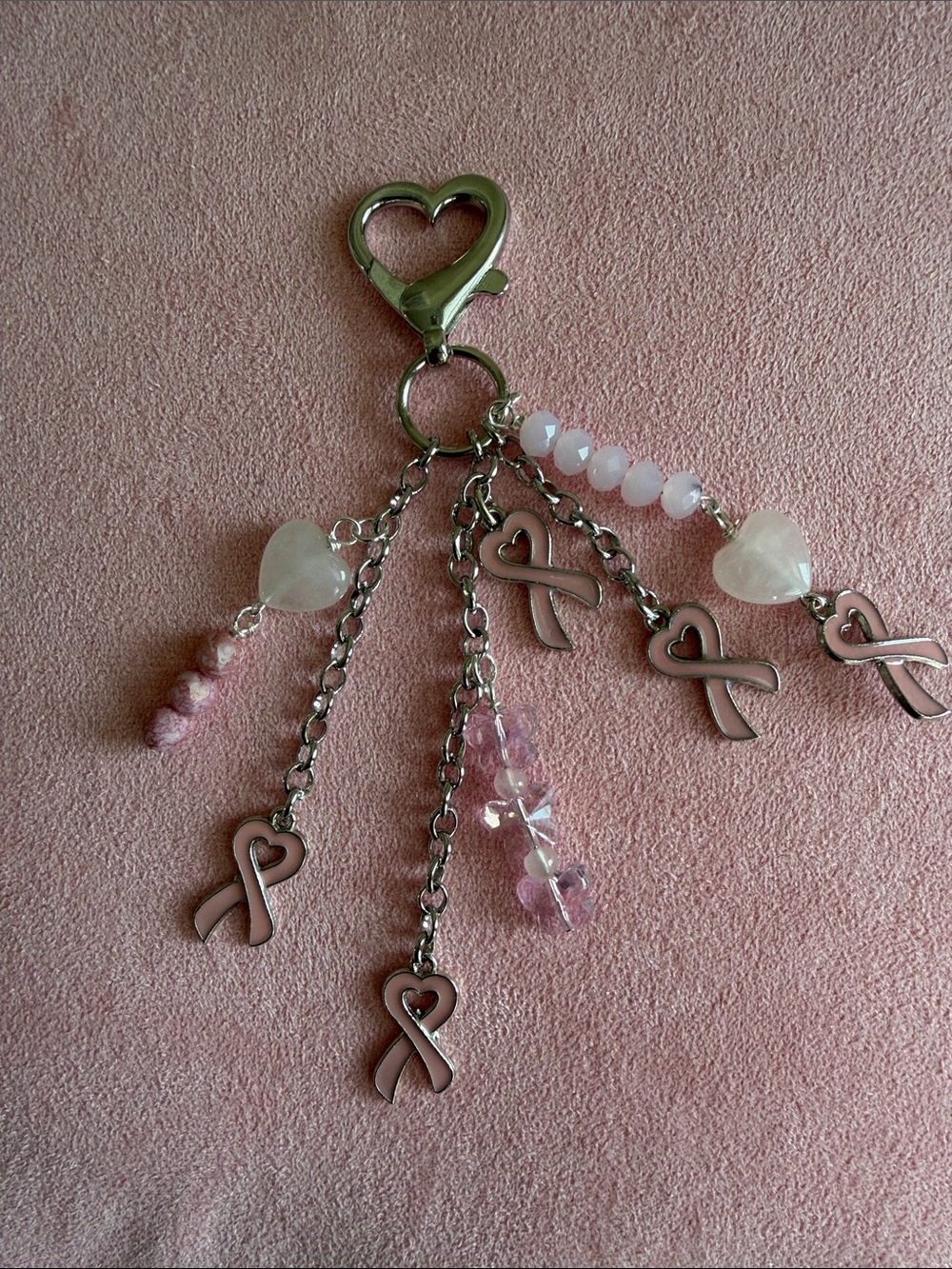 HAND CRAFTED BREAST CANCER AWARENESS BAG CHARM Pink Ribbon Purse Clip Key Chain - Picture 4 of 8